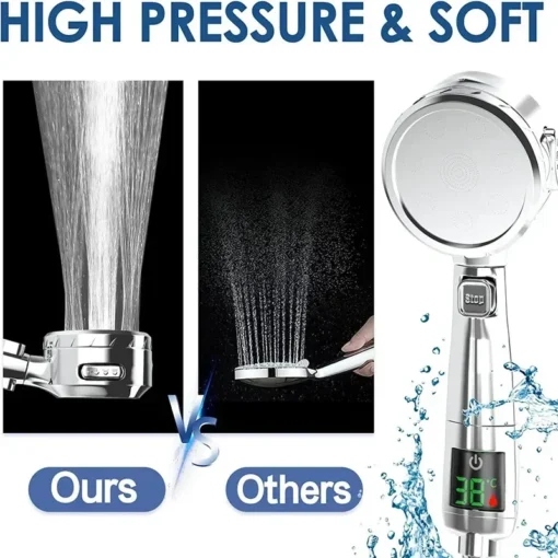 High Pressure Handheld Bathroom Shower Head Water Saving Showerhead Pressurized Adjustable Spray LED Digital Temperature Display