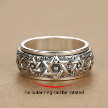 New Rotatable Silver Ring Men’s Retro Creative Domineering Six-pointed Star Wide Version Thai Index Finger Closed Accessory